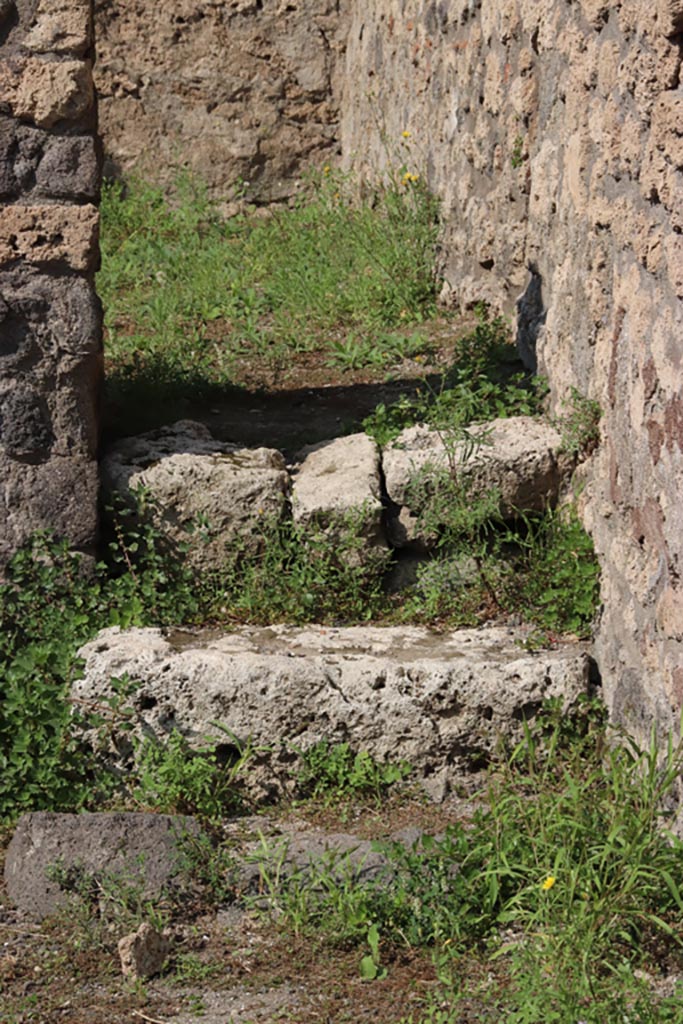 V.3.3 Pompeii. October 2023. North-east corner of shop-room, with steps to rear room.
Photo courtesy of Klaus Heese.
