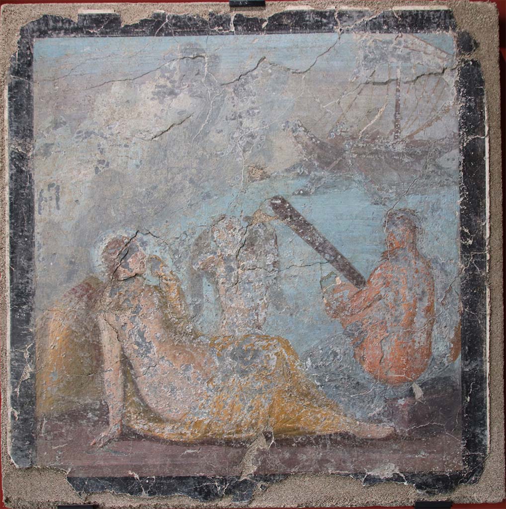 V.3.4 Pompeii, October 2022. Triclinium, west wall, painting of Ariadne abandoned on Naxos by Theseus.
On display in exhibition in Palaestra. Photo courtesy of Klaus Heese.
PAP inventory number 20553.
See Guzzo, P. G. (a cura di), 1997. Pompeii Picta Fragmenta. Torino: Umberto Allemandi, no. 70, p. 120.