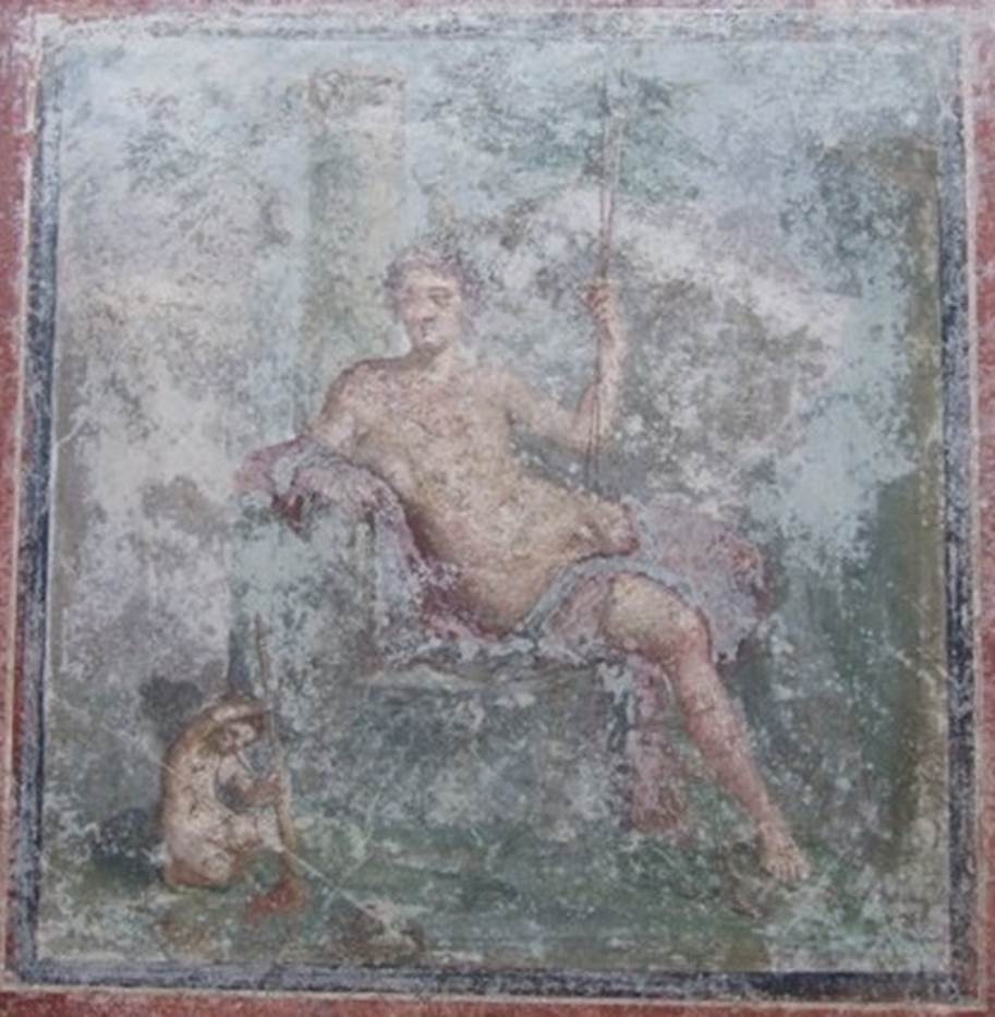 V.3.6 Pompeii. March 2009. Triclinium. West wall. Central wall painting of Narcissus, sitting on a podium and leaning towards a column.