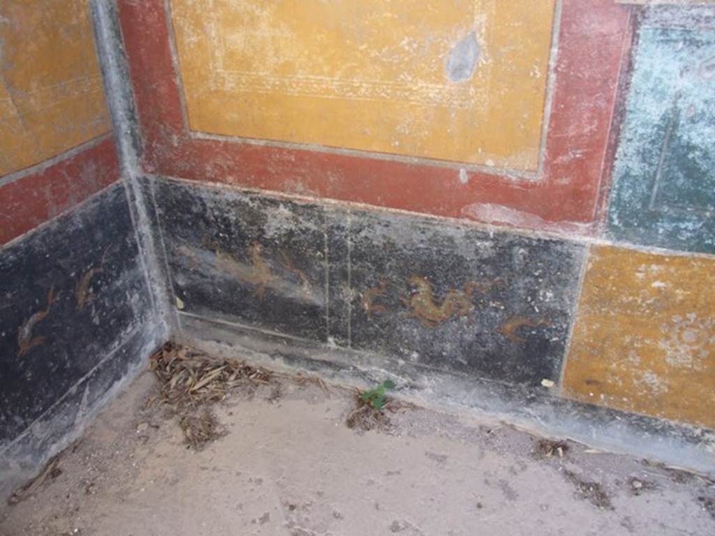V.3.6 Pompeii. March 2009. Triclinium. South west corner, detail of lower walls.