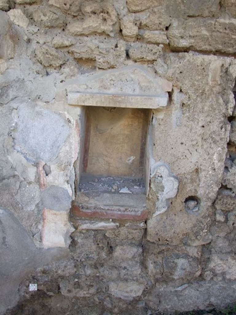 V.3.7 Pompeii. March 2009. Garden area. Second small niche on west wall, north of aedicula lararium. The niche had a projecting slab for the ceiling and another for the floor. A second floor within the niche covered the slab giving the appearance of a raised step within the niche. The floor was painted in imitation of red and yellow marble. The wall below the niche was covered with a painted garden decoration. See Boyce G. K., 1937. Corpus of the Lararia of Pompeii. Rome: MAAR 14. (112, p. 38, Pl 36, 2).