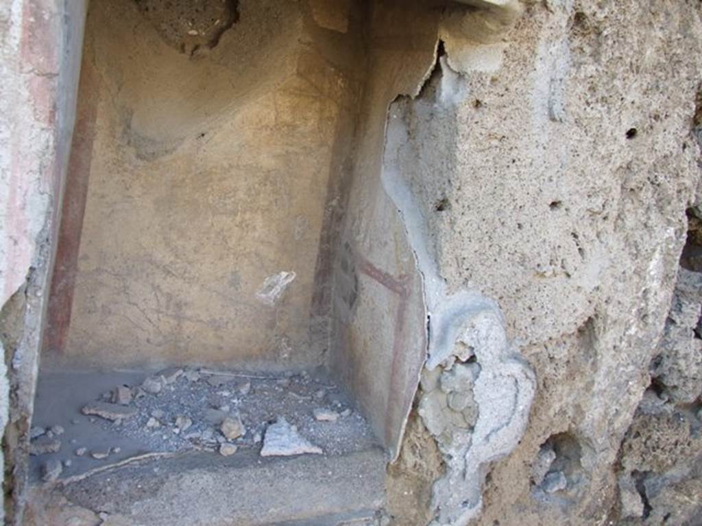 V.3.7 Pompeii. March 2009. Garden area, detail of remains of north side of painted niche and rear wall.