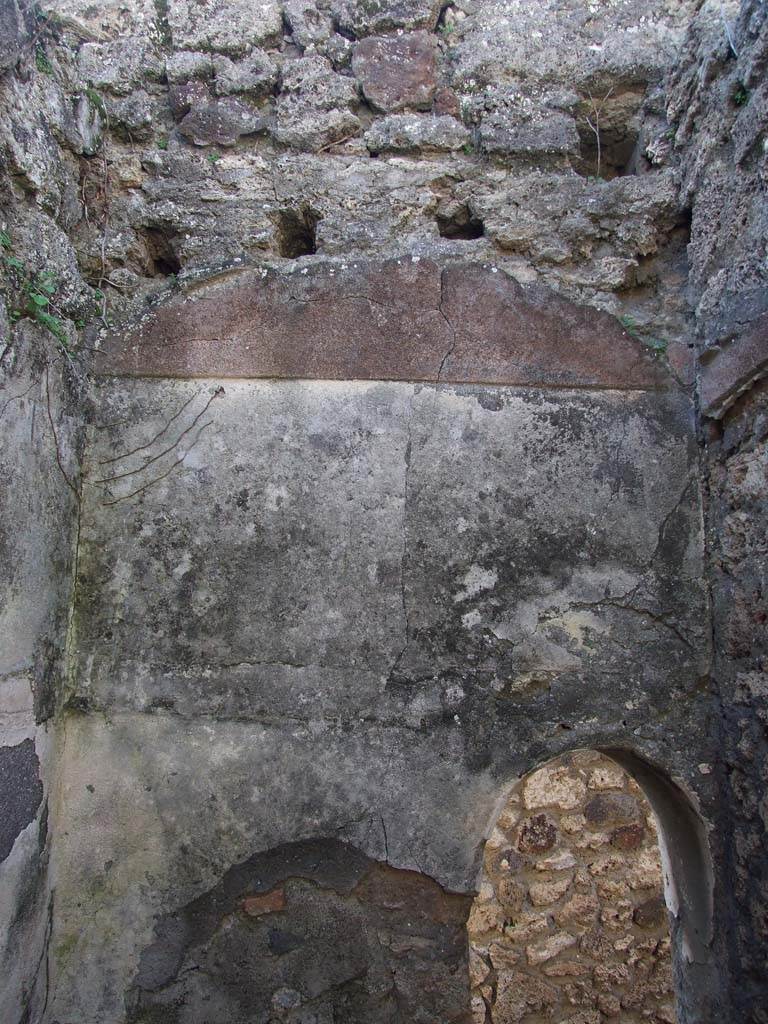 V.3.8 Pompeii. March 2009.
West wall of latrine. Remains of painted plaster and outline of vaulted ceiling.