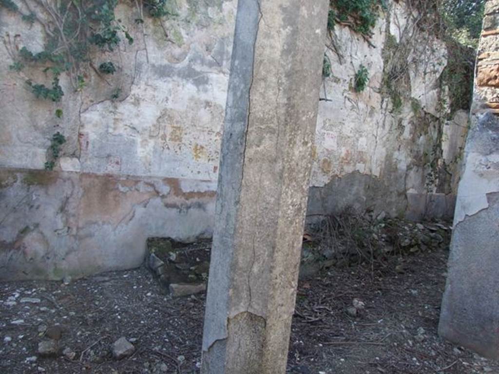 V.3.10 Pompeii. March 2009. Looking north west from passageway, through open end of small room with niche at rear of the tablinum. The eight sided column supported the Portico, and originally was painted red.
The west wall of the Garden was painted in a checkerboard style in white, red, yellow and blue. See Jashemski, W. F., 1993. The Gardens of Pompeii, Volume II: Appendices. New York: Caratzas, p 114.