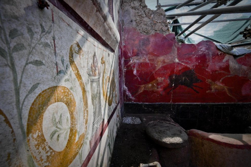 V.3.13 Pompeii. 2018. Room 2a. Lararium.
South-east corner of room with lararium painting on east wall and animal scene on the south wall.
Angolo sud-est della stanza con dipinto di lararium sulla parete est e scena animale sulla parete sud.
Photograph © Parco Archeologico di Pompei.