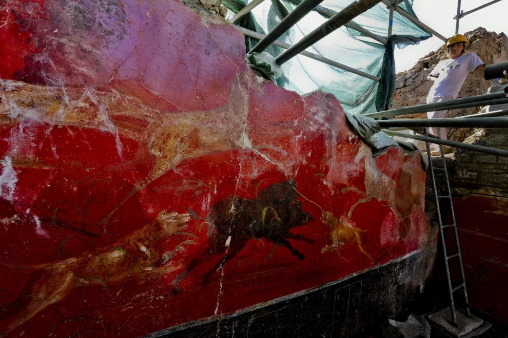 V.3.13 Pompeii. 2018. Room 2a. Lararium.
On the south wall is a hunting scene on a red background, with various light-coloured animals which surround a black boar, seeming to symbolically allude to the victory of the forces of good over evil.
Sulla parete sud, invece, una scena di caccia su fondo rosso con diversi animali di colore chiaro che circondano un cinghiale nero, sembra alludere simbolicamente alla vittoria delle forze del bene sul male.
Photograph © Parco Archeologico di Pompei.