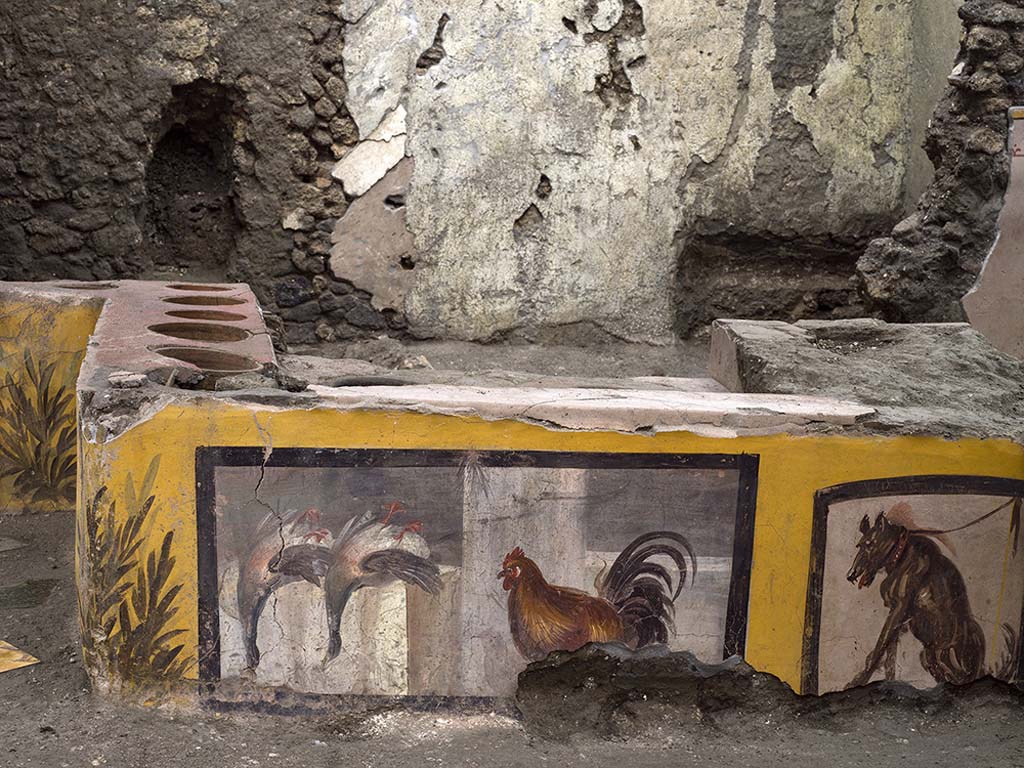 V.3 Pompeii, Thermopolium with painting of nereid. December 2020. Rear room with bed niche.

V.3 Pompei, Termopolio con dipinto di nereide e anfore. Dicembre 2020. Ambiente posteriore con nicchia del letto.

Photo by Luigi Spina courtesy of Parco Archeologico di Pompei.

