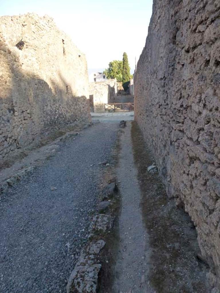V.4.1 Pompeii, side wall. June 2012. Vicolo di M L Frontone looking south. V.3, on right.
Photo courtesy of Michael Binns.