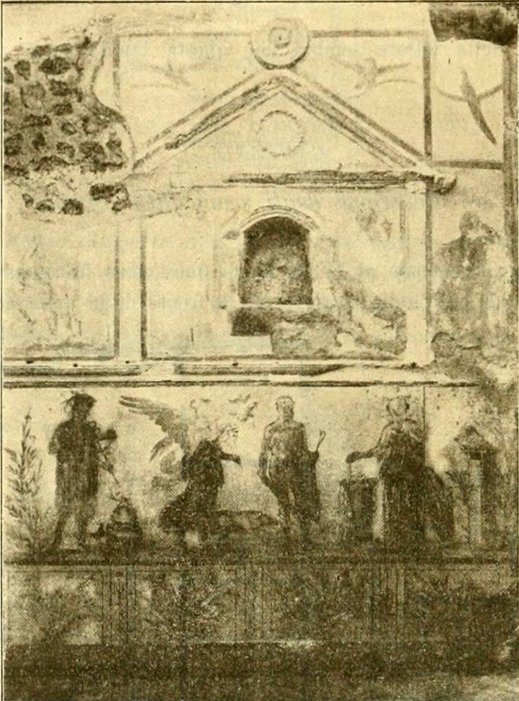 V.4.3 Pompeii. 1899. Lararium painting from west wall of atrium.
See Notizie degli Scavi di Antichità, 1899 (p. 342 fig. 2).
Remains of lararium painting that showed Hercules with club and lion skin in the centre.
Also recognisable were Mercury and next to Mercury was a crowing cock.
In front were an omphalos with a snake, Victoria with spread wings and a pig, and Minerva sacrificing at an altar, with her shield and owl.
At the sides of the niche were paintings of the gods.
See Garcia y Garcia, L., 2006. Danni di guerra a Pompei. Rome: L’Erma di Bretschneider, p 62 and Fig.97.
See Warscher, T., 1925. Pompeji: Ein Führer durch die Ruinen. Berlin und Leipzig: de Gruyter, p 127.
See Boyce G. K., 1937. Corpus of the Lararia of Pompeii. Rome: MAAR 14. (p.39, no.118, pl. 25,1).