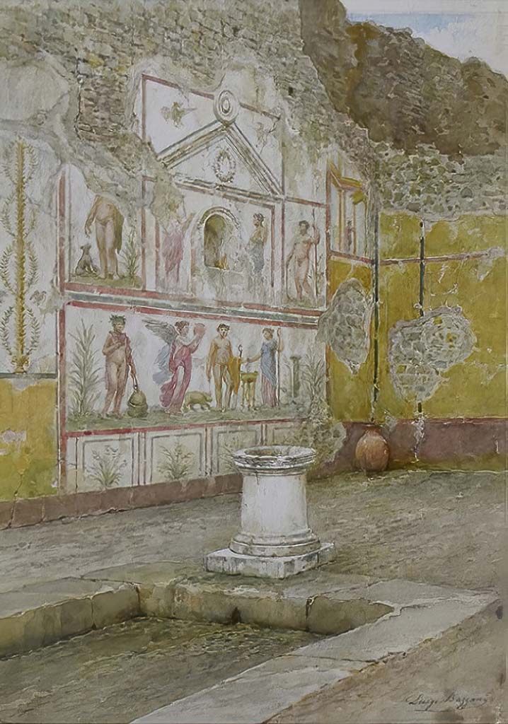 V.4.3 Pompeii. Undated watercolour by Luigi Bazzani. Lararium painting from west wall of atrium.
Kuivalainen describes –
“On the left side of the aedicula is a youth standing with his weight on his right foot. He wears a long cloak and pours wine from a cantharus, turned upside-down in his right hand; in his left hand he holds a thyrsus. A sitting panther raises its right front leg and drinks the wine. The figure is surrounded by growing vines, which are shaped into an arch.”
Kuivalainen comments –
“An almost naked young Bacchus offering wine to a panther, depicted as a counter-part to Jupiter as the main figures by the aedicula.”
See Kuivalainen, I., 2021. The Portrayal of Pompeian Bacchus. Commentationes Humanarum Litterarum 140. Helsinki: Finnish Society of Sciences and Letters, (p.115-16, C16).