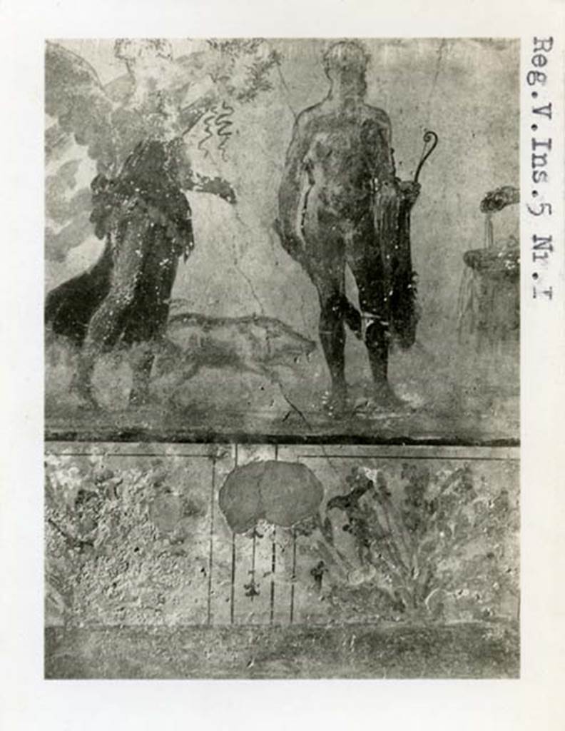 V.4.3 Pompeii, but shown as V.5.1 on photo. 1937-39. Detail of Victoria and Hercules from lararium painting on west wall of atrium. Photo courtesy of American Academy in Rome, Photographic Archive. Warsher collection no. 1568b.