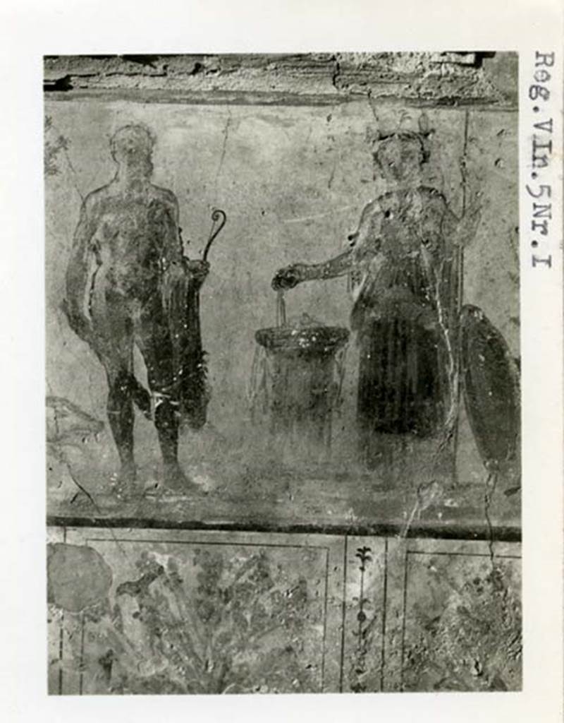 V.4.3 Pompeii, but shown as V.5.1 on photo. 1937-39. Detail of Hercules and Minerva from lararium painting on west wall of atrium. Photo courtesy of American Academy in Rome, Photographic Archive. Warsher collection no. 1568c.