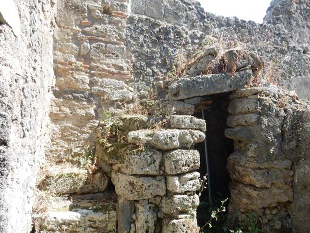 V.4.9 Pompeii. May 2017. Looking towards stairs to upper floor on south side of entrance fauces, and underneath latrine with dog kennel? Photo courtesy of Buzz Ferebee.