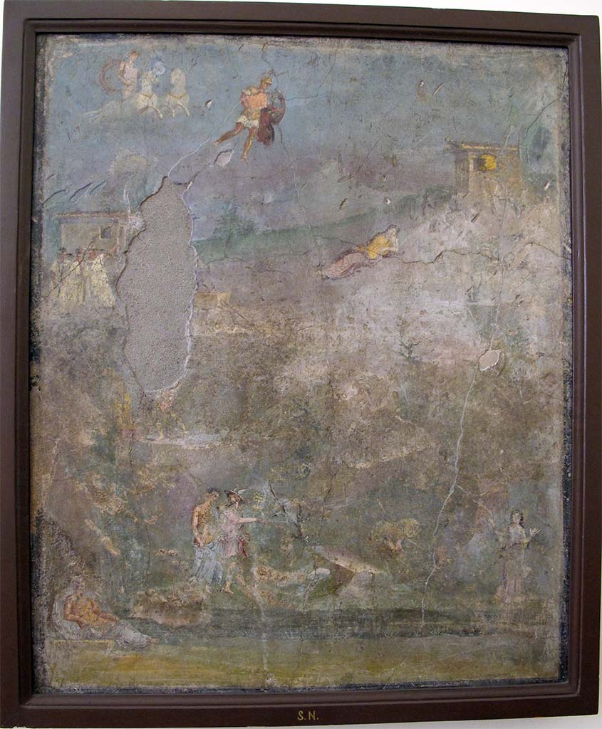 V.4.13 Pompeii. May 2010. Wall painting of the Founding or Origin of Rome. Found on the north wall of triclinium “R”.
Now in Naples Archaeological Museum. Inventory number s.n.
For more detail of the descriptions of the parts of the painting given below:
See Bragantini, I and Sampaolo, V., Eds., 2009. La Pittura Pompeiana. Verona: Electa. P. 348, Scheda 160.
See Pais, Ettore, Translated by M. E. Cosenza, 1905. Ancient Legends of Roman History. New York: Dodd Mead. p. 43-59.