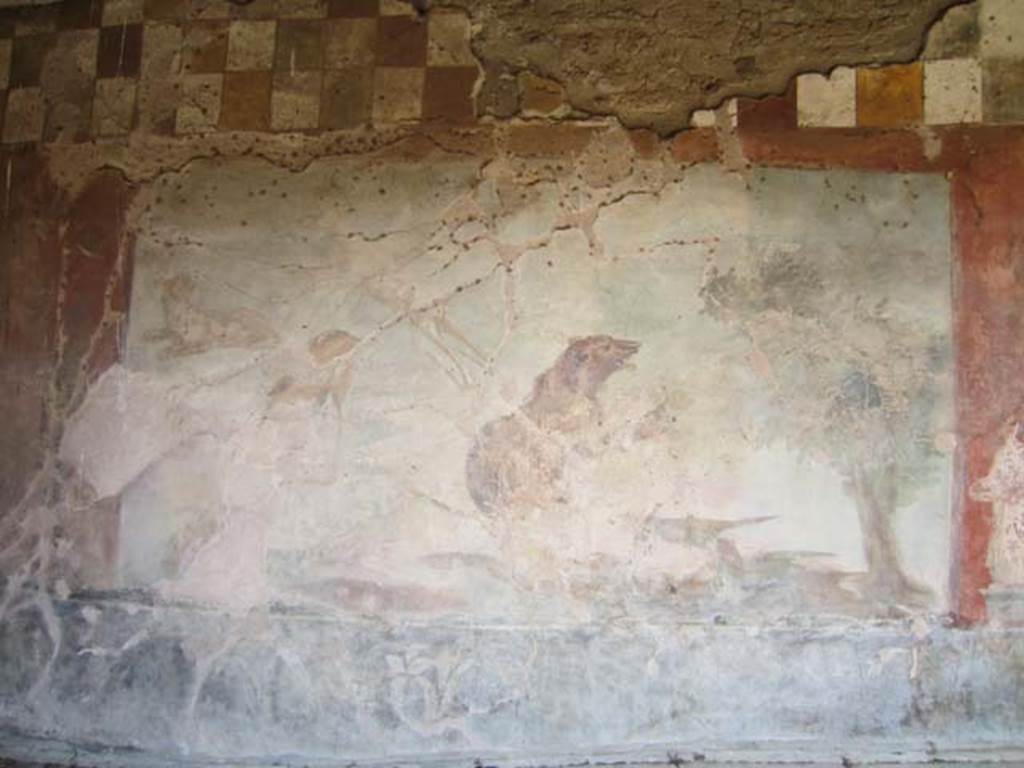 V.4.a Pompeii. March 2012. Hunting fresco with life-size animals on north wall of garden area. Photo courtesy of Marina Fuxa.