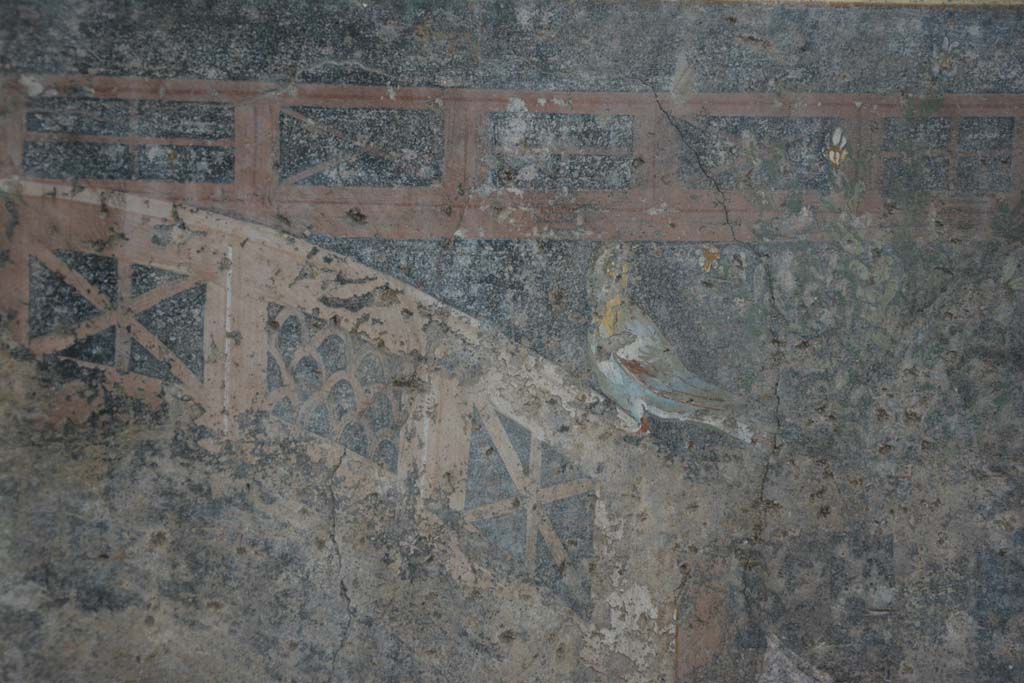 V.4.a Pompeii. March 2019.
Room ‘h’, painted bird from garden painting on black zoccolo from east side of centre of north wall in tablinum.
Foto Annette Haug, ERC Grant 681269 DÉCOR.