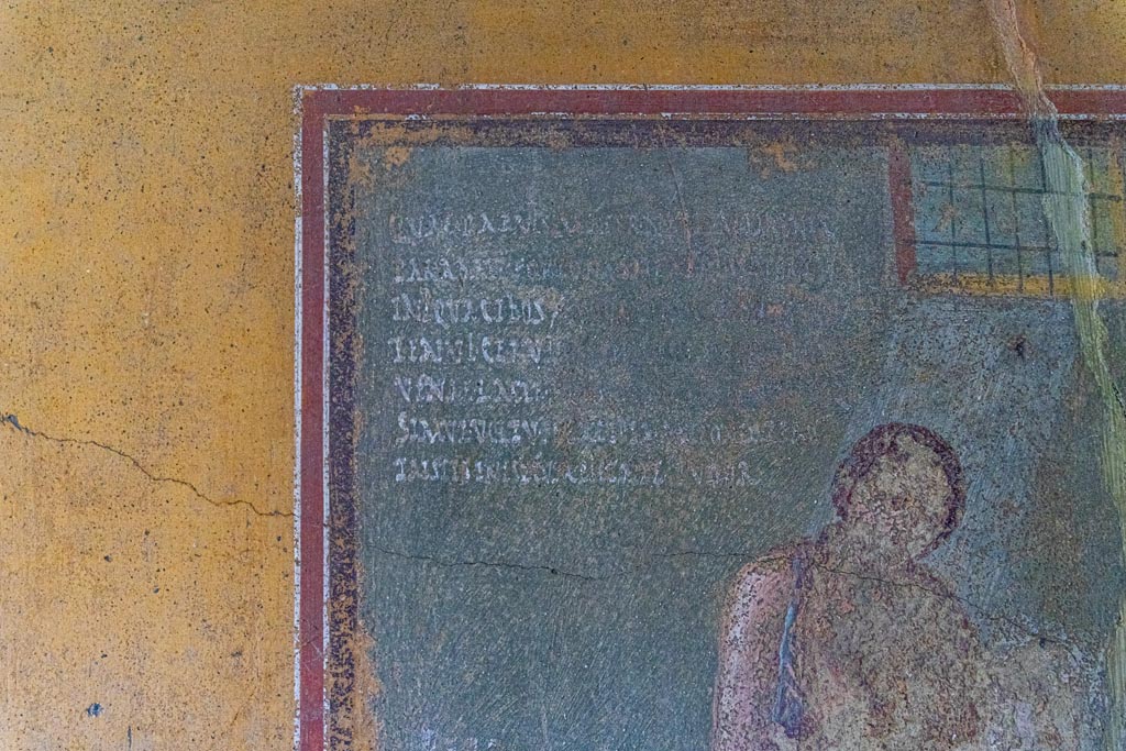 V.4.a Pompeii. October 2023.
Room ‘i’, south wall of cubiculum, a Latin inscription in white letters can be seen in the top left corner. Photo courtesy of Johannes Eber.