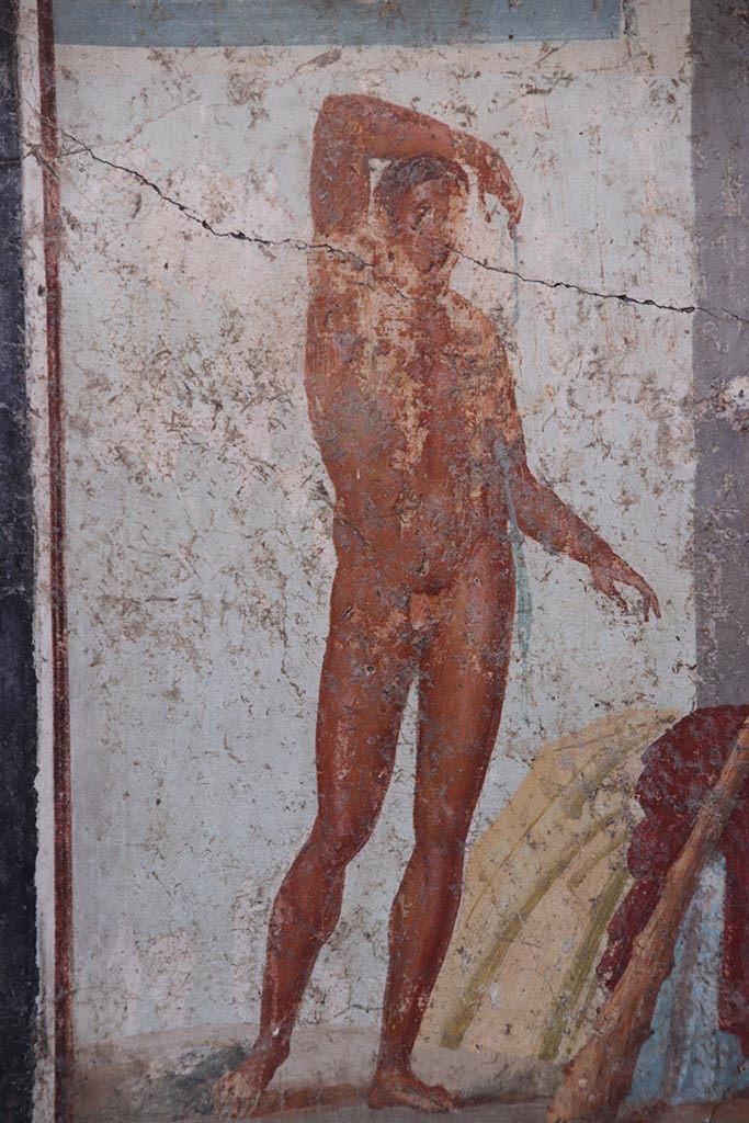 V.4.a Pompeii. October 2024.
Room ‘g’, west wall of cubiculum, detail of Theseus. Photo courtesy of Klaus Heese.