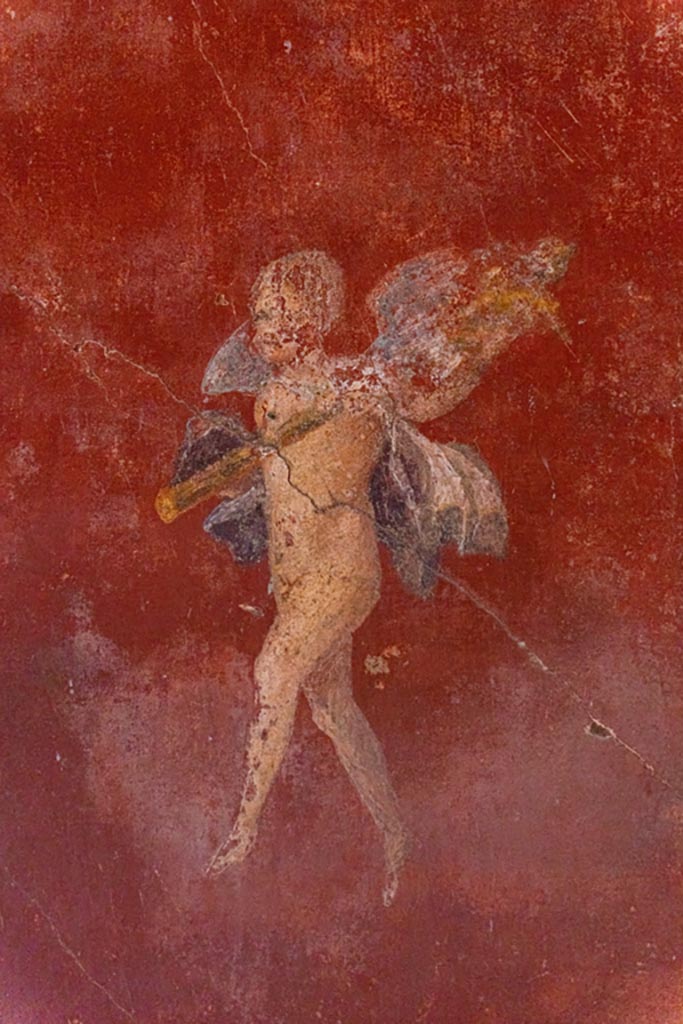 V.4.a Pompeii. October 2023.
Room ‘f’, detail of painted figure from panel at south end of east wall. Photo courtesy of Johannes Eber.