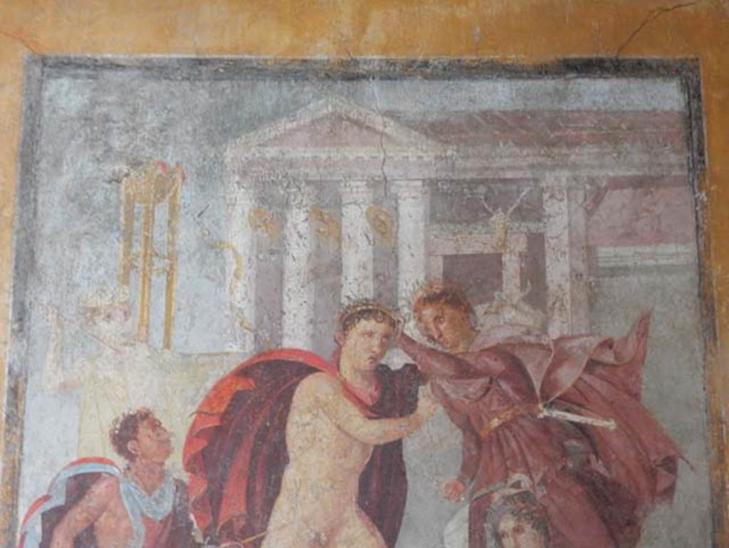 V.4.a, Pompeii. May 2018. Detail from central painting on east wall of winter triclinium. Photo courtesy of Buzz Ferebee.