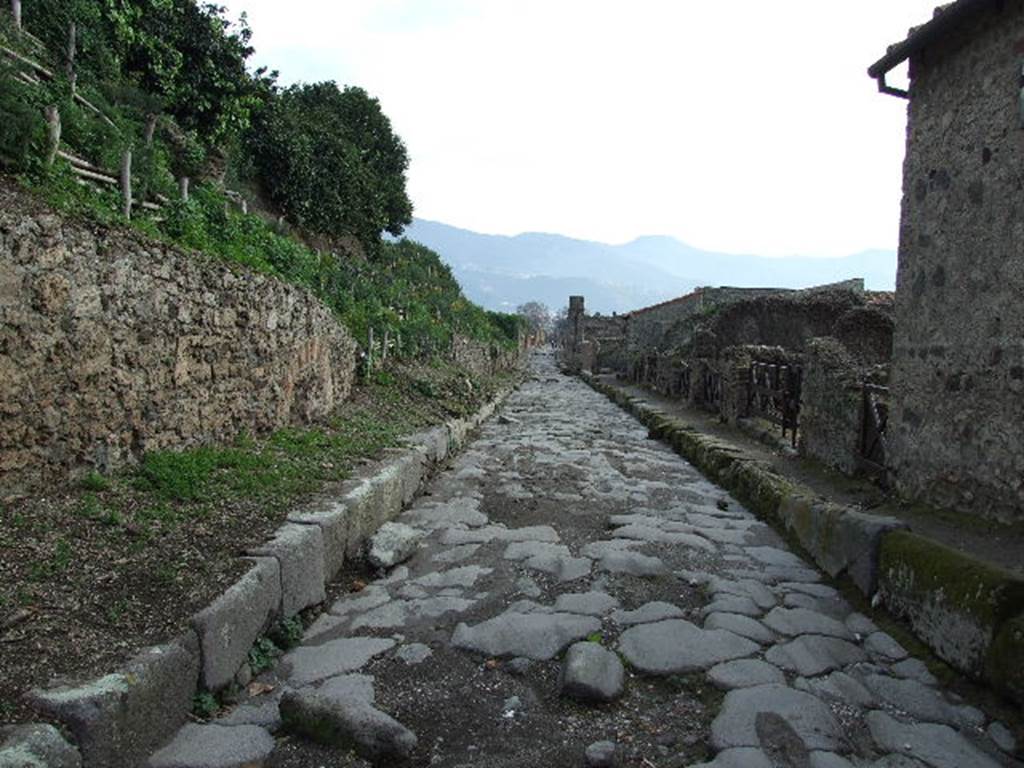 V.6.7 Pompeii, on left. December 2006. Looking south along Via del Vesuvio. VI.16.15, on the right.