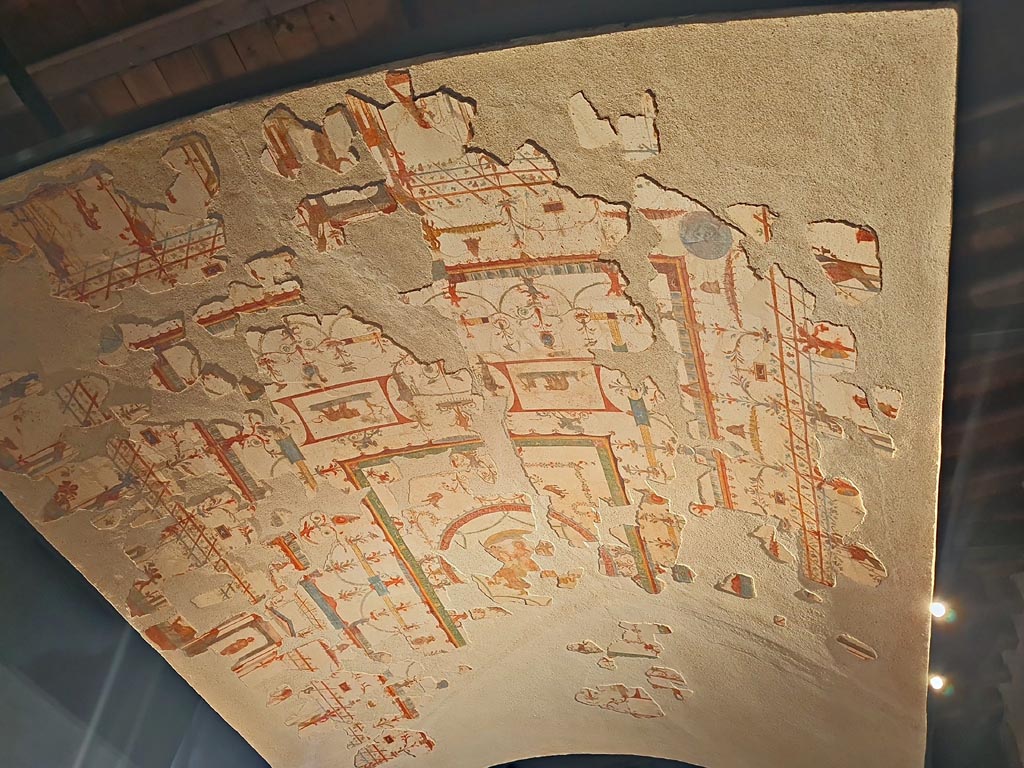 V.6.12 Pompeii. April 2022. Amb. 9. Ceiling of cubiculum, on display in exhibition in Palaestra. Photo courtesy of Giuseppe Ciaramella.
