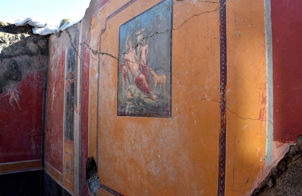 V.6.12 Pompeii. February 2019. Amb. 25. Atrium with vividly coloured walls and a fresco of Narcissus at the centre of south wall.
Alle spalle dell'ambiente torna in luce anche parte dell'atrio della dimora, con pareti dai vividi colori e l'affresco di Narciso, al centro di una di esse.
Photograph © Parco Archeologico di Pompei.