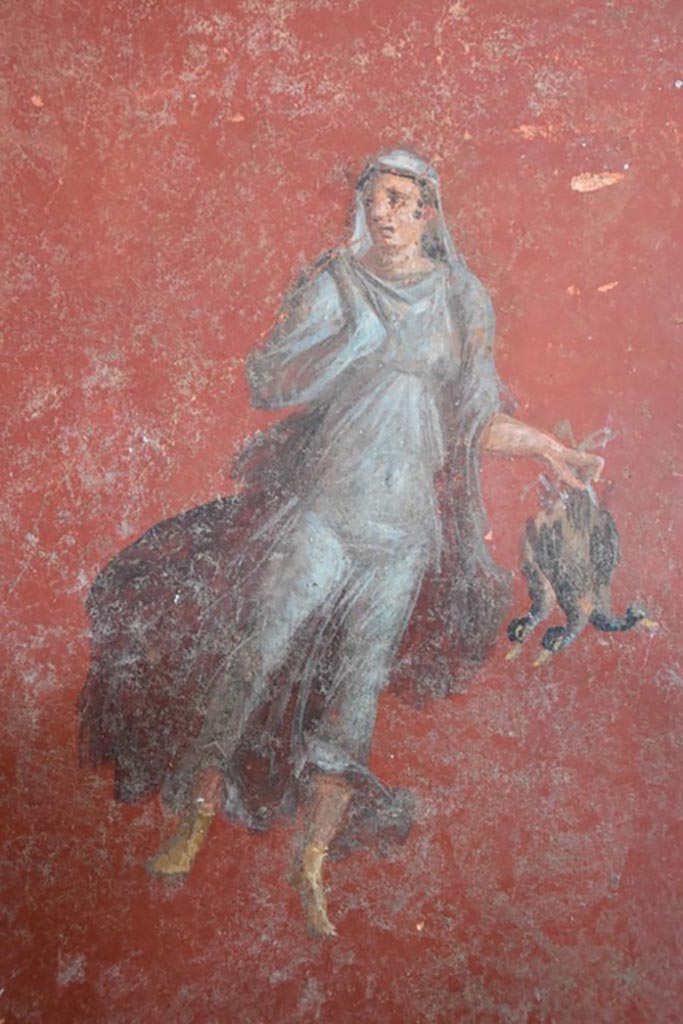 V.6.12 Pompeii. March 2024. Amb. 25. Newly excavated atrium wall, detail of robed figure holding three ducks.
Vedi/See E-Journal 01: 01.03.24, Interventi conservativi e nuovi scavi nella Casa di Leda. Dalla tutela alla conoscenza di un’abitazione del ceto medio di Pompei, p. 10, Fig. 13.
Photograph © Parco Archeologico di Pompei.