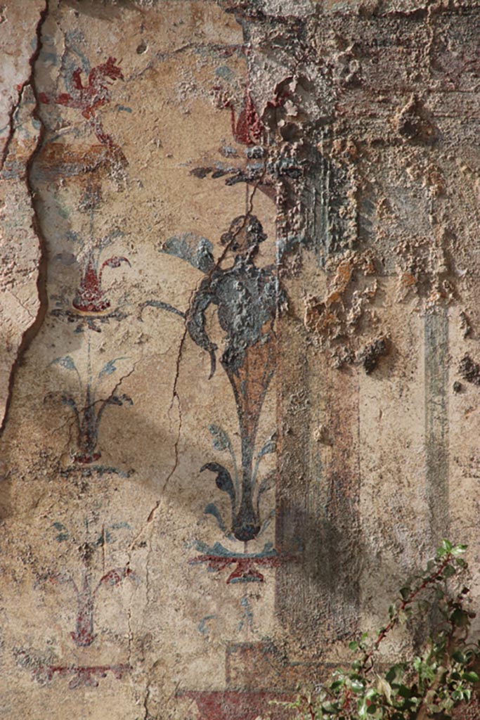 V.6.12 Pompeii, October 2022.
Detail of painted decoration at west end of centre of north wall. Photo courtesy of Klaus Heese.