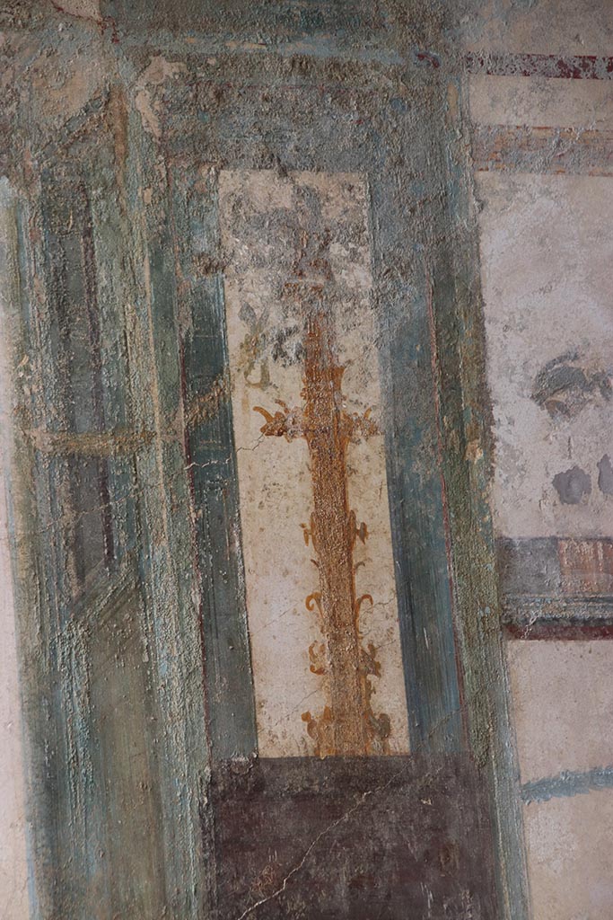 V.6.12 Pompeii. October 2024.
Detail from upper north wall of fauces/ entrance corridor on east side of Priapus painting.
Photo courtesy of Klaus Heese.