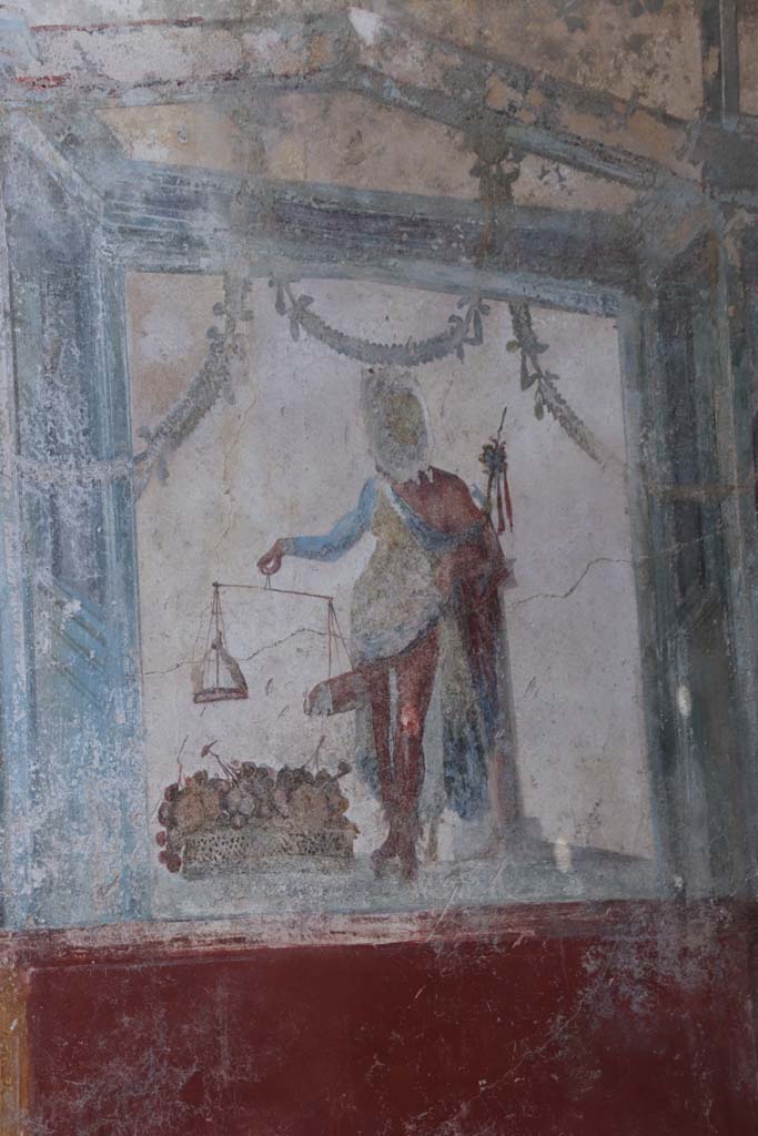 V.6.12 Pompeii. September 2021.
Detail of Priapus from upper north wall of entrance fauces. Photo courtesy of Klaus Heese.