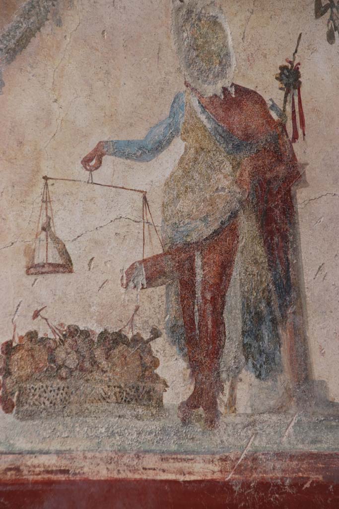 V.6.12 Pompeii. October 2020. Detail of Priapus from north wall of entrance fauces.
Photo courtesy of Klaus Heese.
