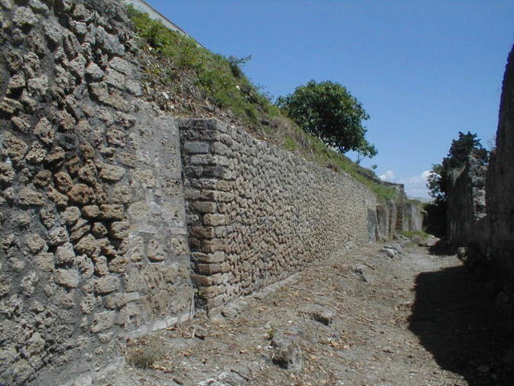 V.6 Vicolo delle Nozze d’Argento from Via del Vesuvio looking east at V.6.a/b/c. May 2005.
According to NdS –
“In the opposite wall there are three doorways: the wall on the sides of the first (doorway) was unadorned, the one on the sides of the second (doorway) bears a high zoccolo of signinum, the wall on the sides of the third (doorway) a zoccolo painted in imitation of colored marble slabs and with white plaster at the top.”
(Nella parete opposta vi son tre vani:la parete ai lati del primo era affatto disadorna, quella ai lati del secondo reca un alto zoccolo di signino, quella ai lati del terzo uno zoccolo dipinto ad imitazione di lastre marmoree colorate e un intonaco bianchiccio in alto.)
See Notizie degli Scavi, 1910, (p.378).