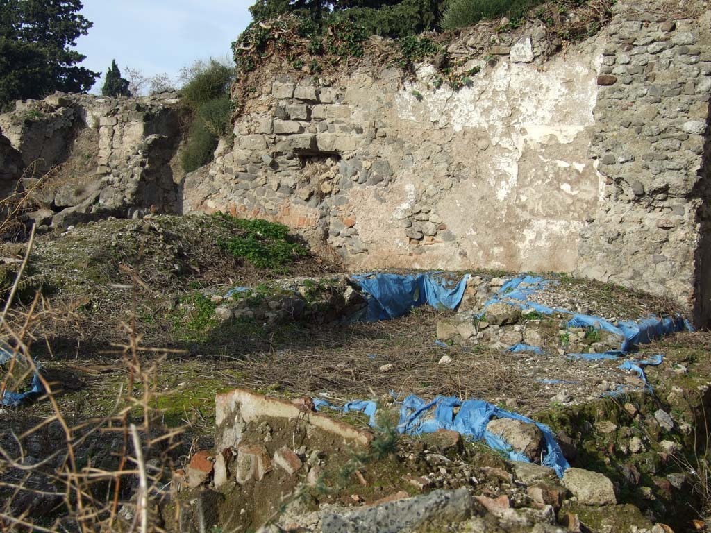 VI.1.1 Pompeii. December 2007. Looking north-west towards triclinium (under blue sheeting) from VI.1.4.
According to Jashemski, -
the small inn (excavated in 1787) just inside the Porta Ercolano had a garden with a masonry triclinium shaded by a vine-covered pergola.
The holes in the rear wall, in which the ends of the beams of the pergola were set, were visible at the time of excavation.
A gutter along the south edge of the garden collected rain water which was deposited in the cistern opening in the south-west corner of the garden.
See Jashemski, W. F., 1993. The Gardens of Pompeii, Volume II: Appendices. New York: Caratzas. (p.119)
According to Fiorelli, the triclinium had three couches of brick, and the walls were in part adorned by pictures.
See Pappalardo, U., 2001. La Descrizione di Pompei per Giuseppe Fiorelli (1875). Napoli: Massa Editore. (p. 47)