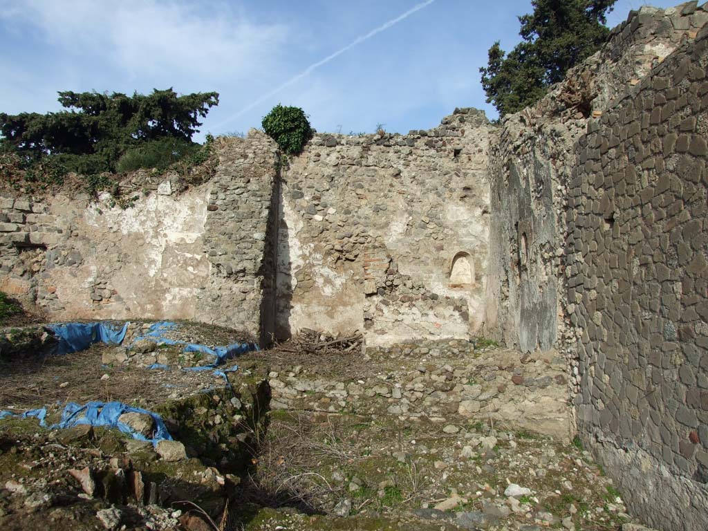 VI.1.1 Pompeii. December 2007.
Looking north towards triclinium (under blue sheeting) in garden area, and niches on north and east wall of rooms on its east side, taken from VI.1.4.
