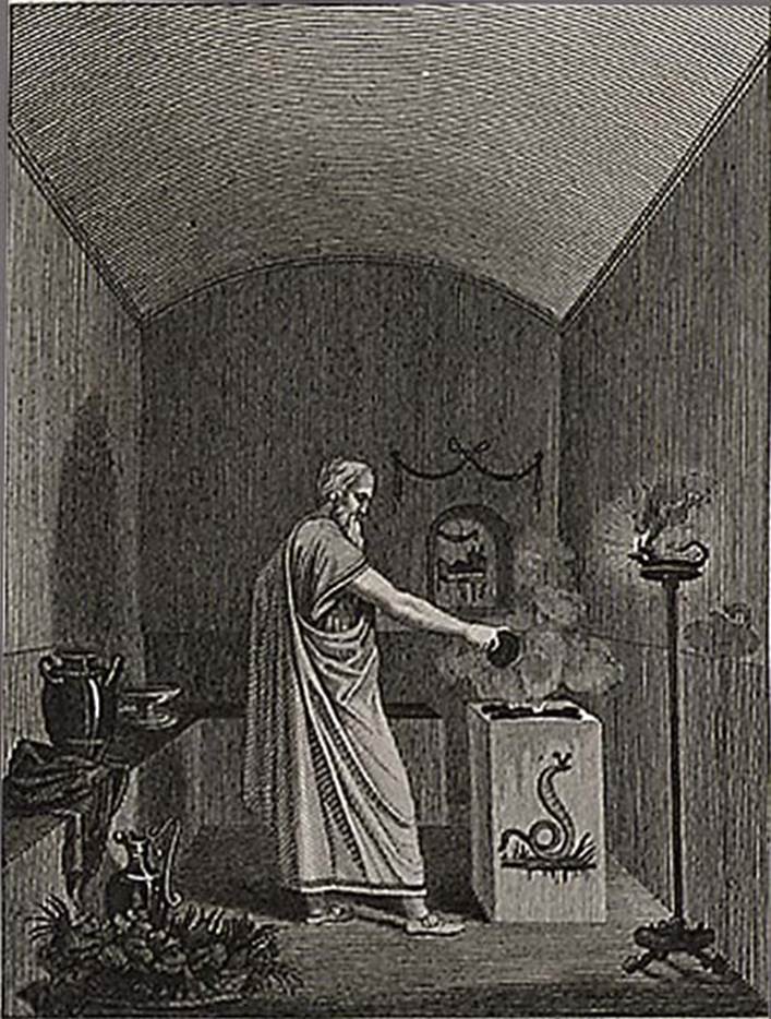 VI.1.1 Pompeii. Drawing by Mazois, 1824, of windowless sacrarium, looking north.
See Mazois, F., 1824. Les Ruines de Pompei: Second Partie. Paris: Firmin Didot. (p. 47 and pl. X, fig. 1).