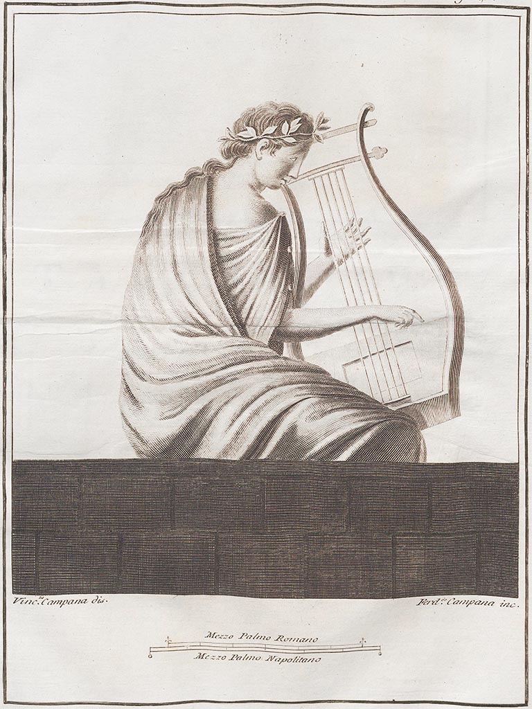 VI.1.1 Pompeii.
Drawing by V. Campana of painting found on a wall in the house, showing a woman with a laurel crown in the act of touching a golden lyre of five strings with the fingers of her left hand.
See Antichità di Ercolano: Tomo Setto: Le Pitture 5, 1779, Tav LIV, p.241.
See Romanelli, D. 1817. Viaggio a Pompei, Parte Prima, p.91, above.