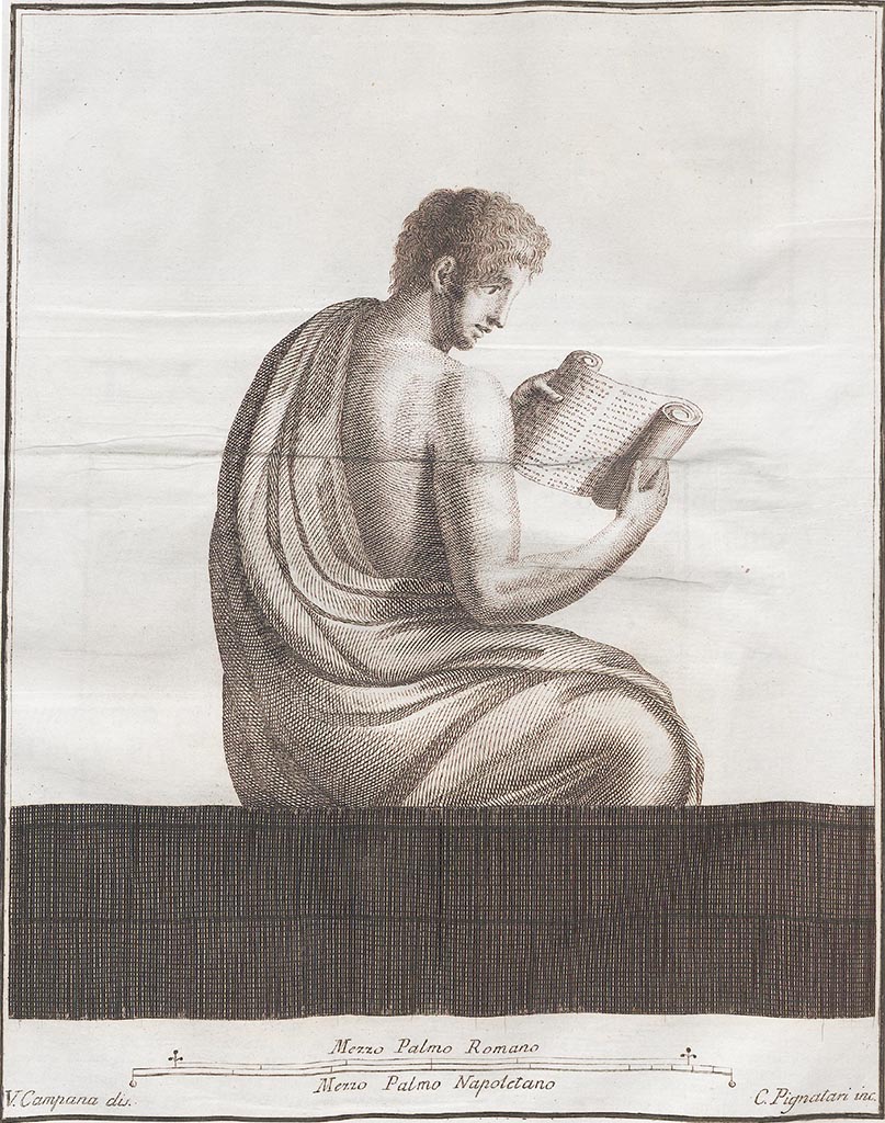 VI.1.1 Pompeii.
Drawing by V. Campana of painting found on a wall in the house, showing a young man, reading a papyrus scroll held between his two hands.
See Antichità di Ercolano: Tomo Setto: Le Pitture 5, 1779, Tav LV, p.245.
See Romanelli, D. 1817. Viaggio a Pompei, Parte Prima, p.91, above.