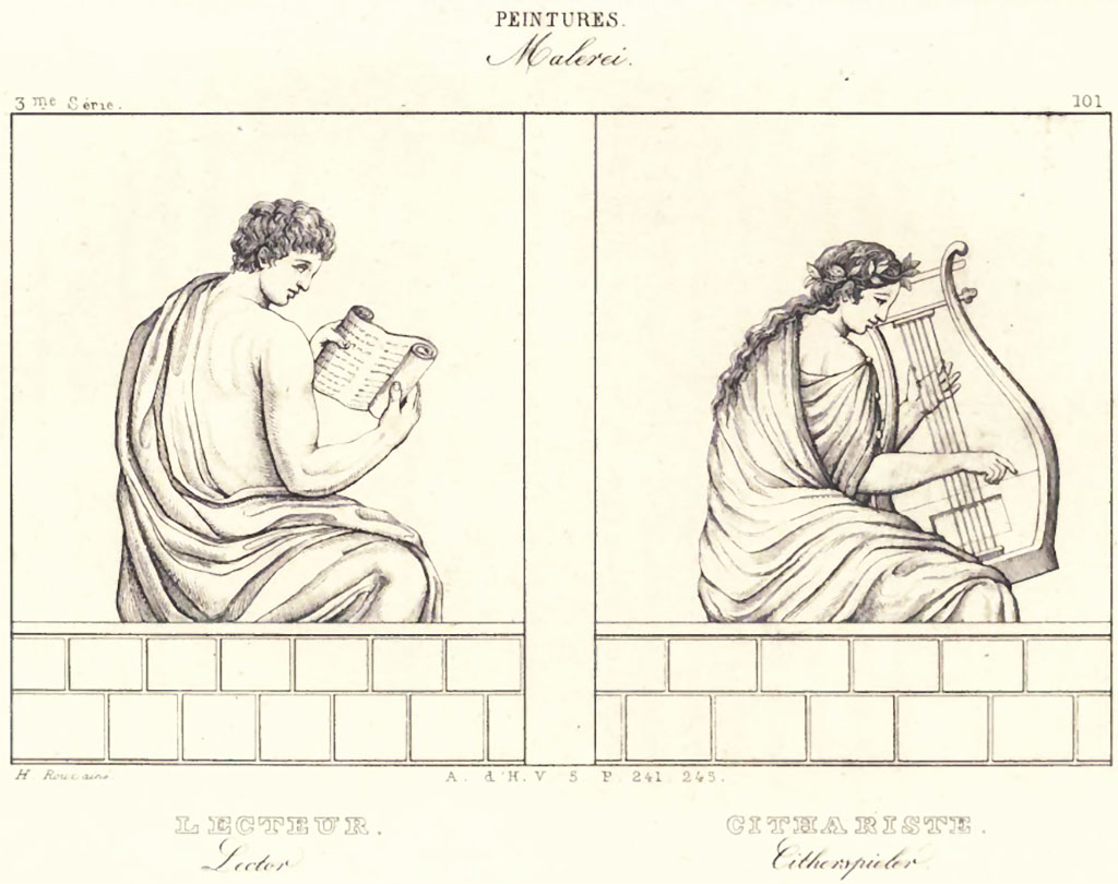 VI.1.1 Pompeii. Two drawings on a white background were found together in a house near the gates of Pompeii and at the foot of the wall of the city, the walls are themselves covered with similar partitions to those that occupy the bottom of each of the frescoes.
See Roux, H. (1840). Herculanum et Pompei recueil générale des peintures, bronzes, mosaïques, v4 Peintures série 3, Figures Isolées. (pl. 101, p. 195).
