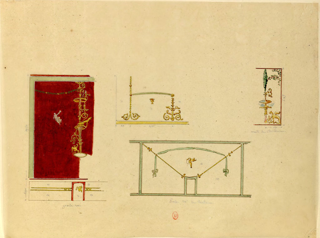 VI.1.1 Pompeii or VIII.3.14 Pompeii. Mai 1823? Paintings by Chenavard of wall decorations, from different places in Pompeii.
The INHA web site records: Reproduction de différents motifs de la peinture pariétale, dont deux empruntés à la Casa della Regina Carolina
On the left, from the “Rue Grande” (large road- Via Consolare).
Lower centre, zoccolo of the Maison du triclinium.
Right, Maison du triclinium.
(Note, however, this could possibly be from VIII.3.14., as stated above).
See Chenavard, Antoine-Marie (1787-1883) et al. Voyage d'Italie, croquis Tome 3, pl. 120.
INHA Identifiant numérique : NUM MS 703 (3). See Book on INHA
Document placé sous « Licence Ouverte / Open Licence » Etalab