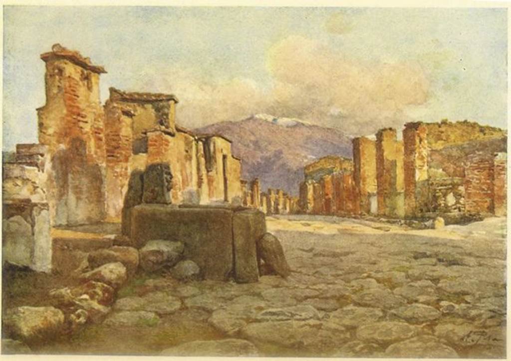 Painting of fountain at VI.1.2 around the year 1910. This artistically transposes the fountain from VI.13.7 on Via della Fortuna. to the area of VI.1.2 on Via Consolare (see picture below)