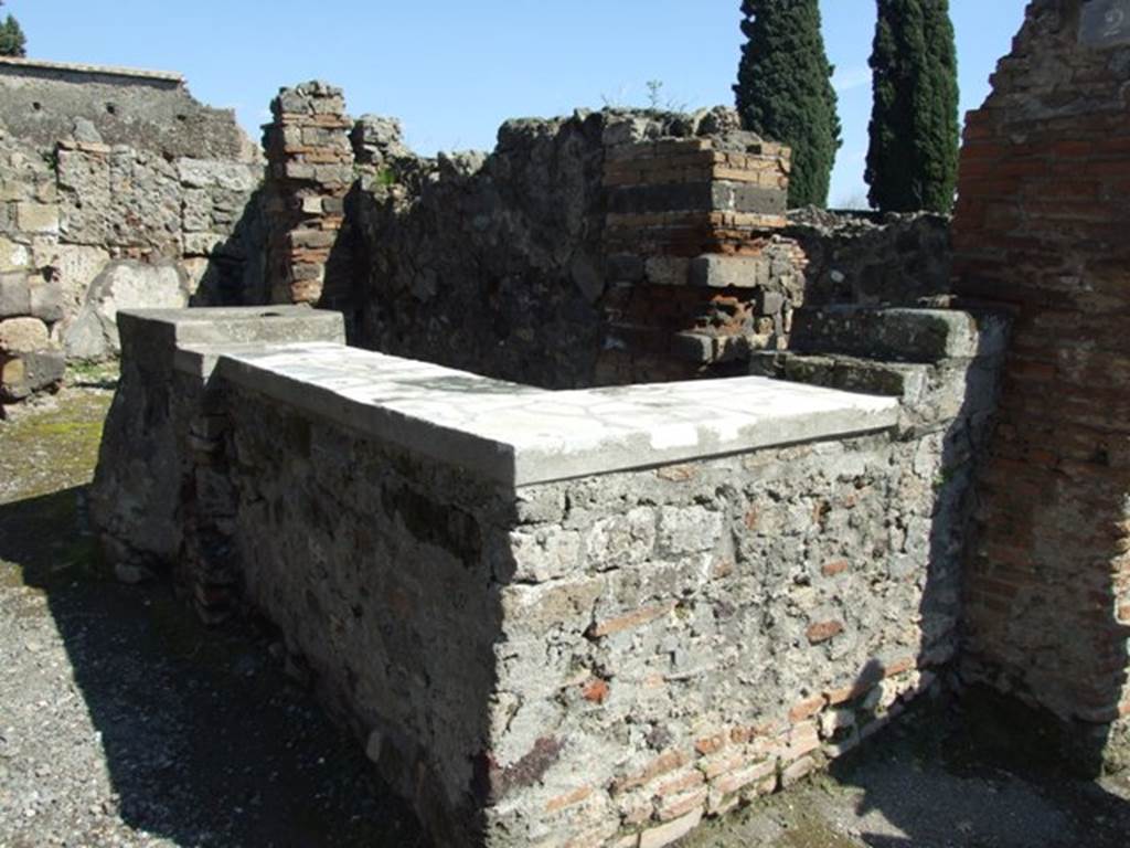 VI.1.2 Pompeii. March 2009. Counter, looking south-east.
According to Parslow, this counter originally had decorative heads built into its street facade.
Even as far back as 1794, thieves successfully extracted one of the two sculpted heads immured in the counter of this bar/shop.
See Parslow, C., (2001) .The Open Air Excavations at Pompeii in the Eighteenth Century: New Methods, New Problems.
In Pompei, Scienza e Societa, ed by P.G. Guzzo. Milan, Electa, p. 19-28.
See PAH I, 2, 54: 20th February 1794.