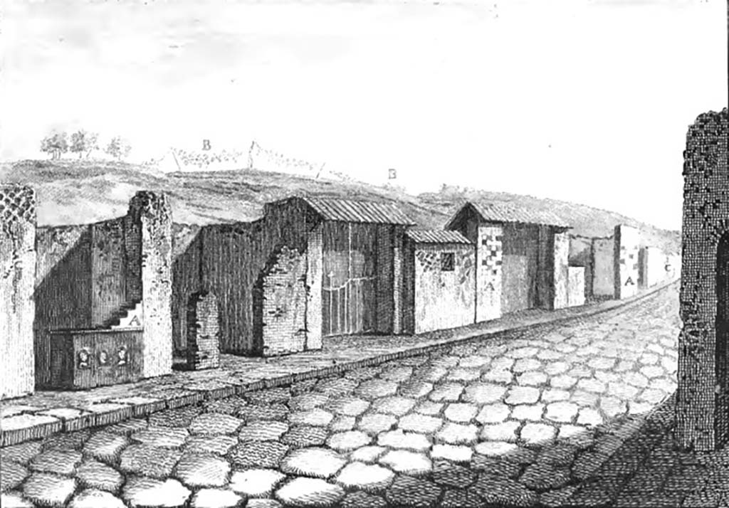 VI.1.2 Pompeii. The counter of the bar at VI.1.2 can be seen on the left of the above drawing.
See Hamilton, W., 1777. Account of the Discoveries at Pompeii. London: Bowyer and Nichols, p. 13, Plate IX.
According to Parslow “… theft had long been the biggest fear in leaving anything in situ and had influenced the decision to rebury the ruins in the early years.
Despite the construction of guard houses and the posting of additional sentinels, however, thieves successfully extracted one of the 2 sculpted heads immured in the counter of a shop (reg. VI.1.2), by the Porta di Ercolano in 1794”.
See Parslow, C., (2001). The Open-Air Excavations at Pompeii in the Eighteenth Century: New Methods, New Problems. In Pompei, Scienza e Societa, ed by P.G. Guzzo. Milan, Electa, p. 23-24.
See Fiorelli G., 1860. Pompeianarum antiquitatum historia, Vol. 1: 1748 - 1818, Naples, 2, 54: 20th February 1794.