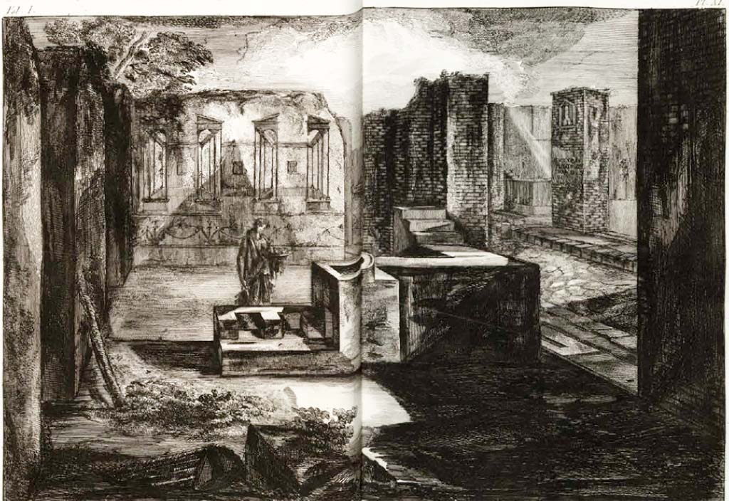 VI.1.2 Pompeii. Pre-1778 drawing by J. B. Piranesi, engraved by F. Piranesi, published 1804. Looking south towards counter, with Via Consolare, on right.
See Piranesi, F, 1804. Antiquités de la Grande Grèce : Tome I. Paris : Piranesi and Le Blanc, pl. XI.