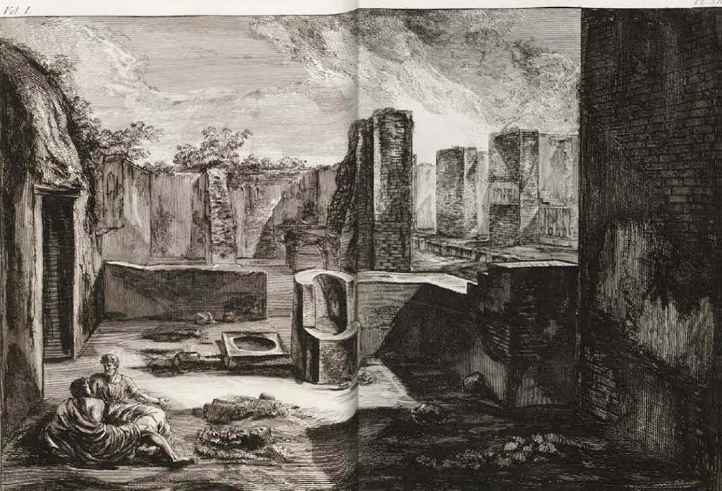 VI.1.5 Pompeii. Pre-1778 drawing by J. B. Piranesi, engraved by F. Piranesi, published 1804.
Looking south towards rear of counter and hearth, with Via Consolare, on right.
See Piranesi, F, 1804. Antiquités de la Grande Grèce : Tome I. Paris : Piranesi and Le Blanc. Vol. I, pl. XII.