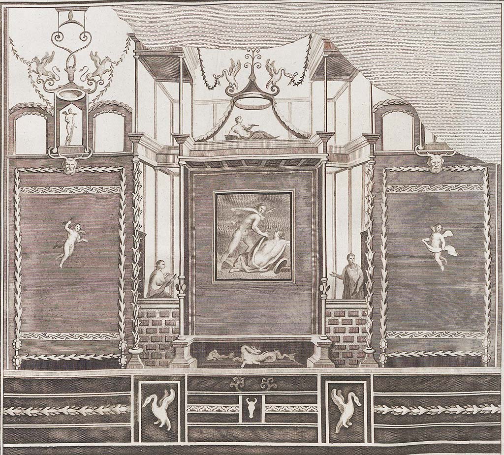 VI.1.6 Pompeii. 1779. Drawing of painted decoration on south wall.
See Antichità di Ercolano: Tomo Setto: Le Pitture 5, 1779, Tav LXXX.
See Carratelli, G. P., 1990-2003. Pompei: Pitture e Mosaici: Vol. IV. Roma: Istituto della enciclopedia italiana, p. 10.