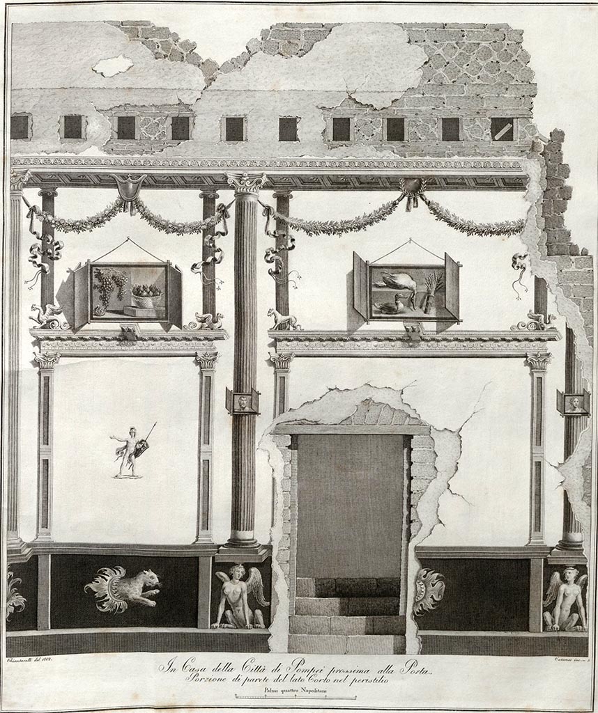 VI.1.7 Pompeii. 1838 drawing of doorway and steps to room 14, from peristyle.
Mars shown between various architectural paintings.
See Gli ornati delle pareti ed i pavimenti delle stanze dell'antica Pompei incisi in rame, 1838, pl. 5.
It is described as –
“Marte espresso fra vari ornati architettonici di una parete della Casa del Salve, incisa dal Cataneo”.