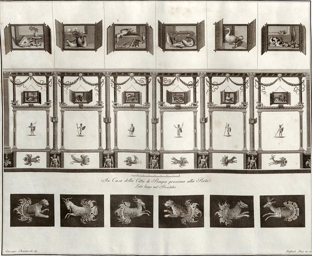 VI.1.7 Pompeii. Drawing by Giuseppe Chiantarelli, engraved by Raffaele Aloja showing wall decoration from peristyle wall.
It is described in Gli Ornati 1838 as –
“Appartiene questa bella parete al lato lungo del peristilio di una casa della Città di Pompei prossima alle porte.
Era dessa divisa in sei simmetrici compartimenti, e ciascuno di questi in altri tre.
Molto importante era la figura di Marte, che vedesi espressa nel mezzo de’primi compartimenti.”
Incisione dell’
See Gli ornati delle pareti ed I pavimenti delle stanze dell’antica Pompei, 1838, pl.60.
See Giornale degli Scavi, NS III, 1874, tav. 3.