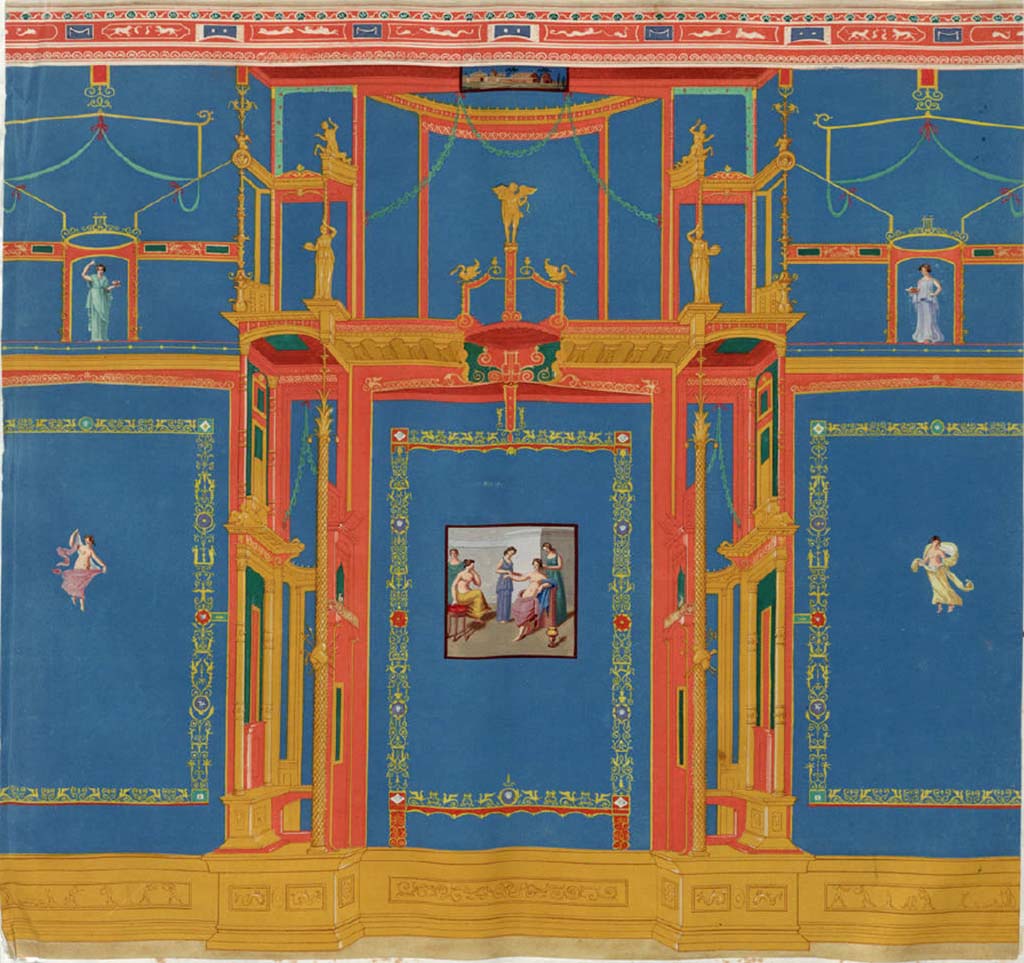 VI.1.7 Pompeii. Early 19th century watercolour of the east wall.
See Zahn, W., 1828. Die schönsten Ornamente und merkwürdigsten Gemälde aus Pompeji, Herkulanum und Stabiae: I. Berlin: Reimer. (Plate 99).