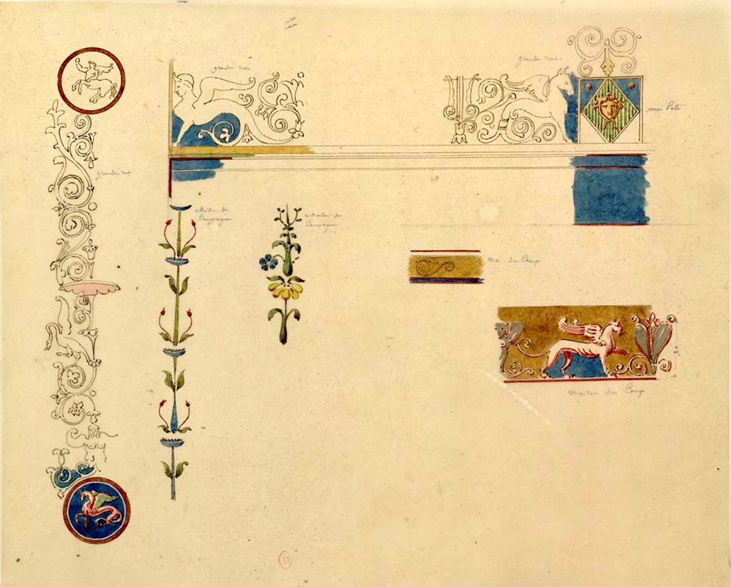 VI.1.7/25 Pompeii. Undated paintings by Chenavard. Mixed decorations from various places, Diomedes, Grande Rue etc.
(This painting has also been included in Via Consolare.) The Grand Rue would have been Via Consolare).
On the left, painted candelabra described as being from the Grand Rue.
Next to it, painted decoration from Maison de Campagne (Diomedes).
Next to that, painted decoration from Maison de Campagne (Diomedes).
On the right, two decs from Maison de Campagne (Diomedes).
On the upper right, the painted architecture is described as being from the Grand Rue.
See Chenavard, Antoine-Marie (1787-1883) et al. Voyage d'Italie, croquis Tome 3, pl. 112.
INHA Identifiant numérique : NUM MS 703 (3). See Book on INHA
Document placé sous « Licence Ouverte / Open Licence » Etalab